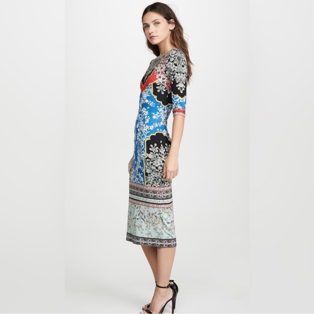 Blue Floral Sheath Dress with Red & Black Accents - Picture 2 of 9